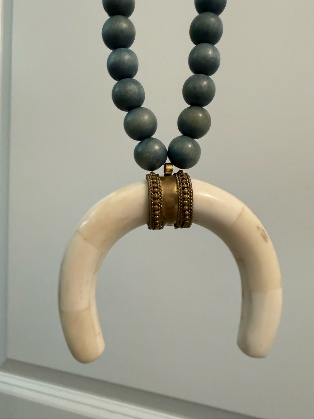 Tribal Carolina Strung Wooden Bead Necklace with Bone like Stone.